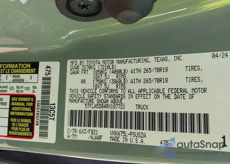 2024 Toyota Tundra Sr5 4Wd z USA, uszkodzony, nr VIN 5TFLA5DB4RX187721